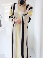 Vestido De Mujer REALEFT Otoño Invierno Grueso Vintage Rayado Suéter De Punto Manga Larga Cintura Alta Cuello Redondo Suéter De Moda Oficina Lady - details 0