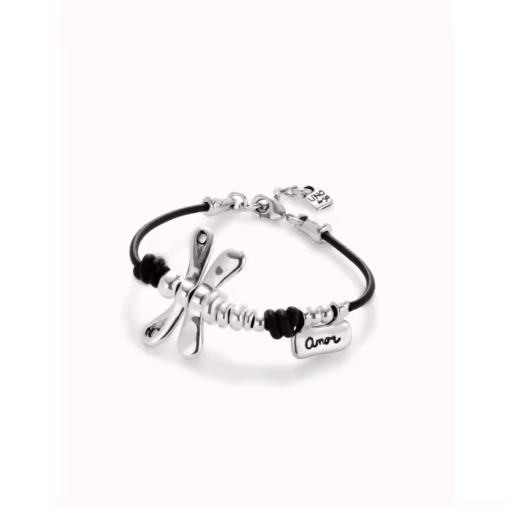 Pulsera UNO de 50 Mujer Ser Rebelde - Metal bañado en plata y cuero - Libélula Amor - 1