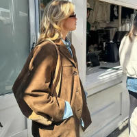 Chaqueta De Cuero Seda Vintage Para Mujer ZBZA Marrón Cuello Redondo Manga Larga Con Bolsillos Cierre Simple Estilo Casual Otoño Invierno - details 10