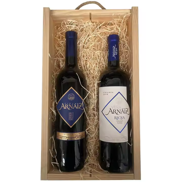 Deliex delicias de Extremadura. Caja con vinos crianza Rioja y Ribera del Duero, cesta para regalar en caja de madera con virutas decorativas. Regalos para los amantes del vino. - 1