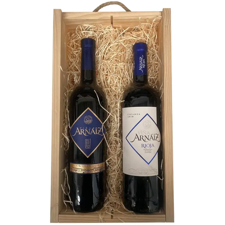 Deliex delicias de Extremadura. Caja con vinos crianza Rioja y Ribera del Duero, cesta para regalar en caja de madera con virutas decorativas. Regalos para los amantes del vino. - 1