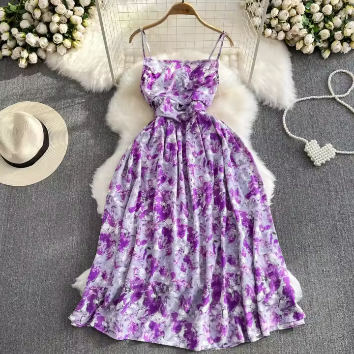 Vestido Largo De Verano Romántico Con Estampado Floral Vintage Vestido De Playa Con Cintura Alta Y Tirantes Spaghetti Para Mujer - 1