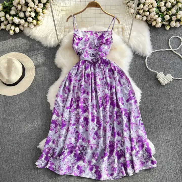 Vestido Largo De Verano Romántico Con Estampado Floral Vintage Vestido De Playa Con Cintura Alta Y Tirantes Spaghetti Para Mujer - 1