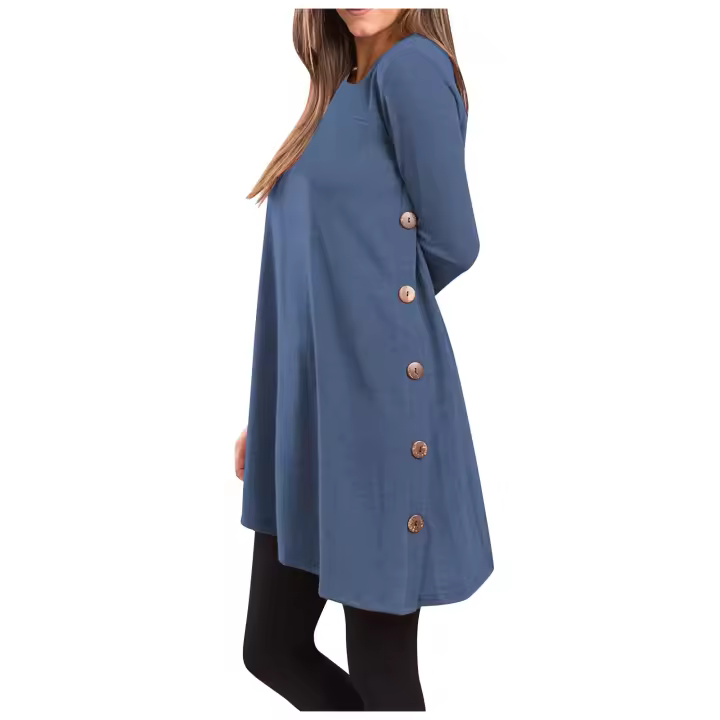 Vestido De Mujer Casual Otoño Elegante Con Botones Color Sólido Largo Manga Vestido De Fiesta Polyester Cuello O Antiguo - 1