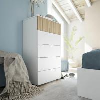 Meimon ETHNA Cómoda 5 cajones en Blanco Ark Natur, estructura de tablero de partículas melaminizado E1, guías metálicas extraíbles, cantos PVC, patas ABS ocultas, trasera y cajones en MDF/DM, medidas 109x61x40 cm, capacidad 5x52x35 cm - details 1