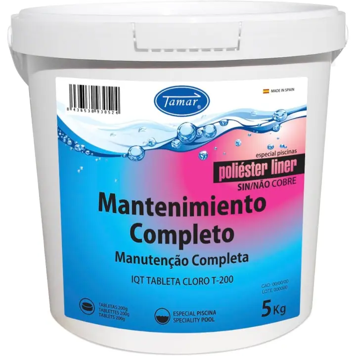 Cloro Mantenimiento Completo 5kg. Linea especial piscinas poliester liner sin cobre. Tableta de cloro de 200gr. Tamar - 1