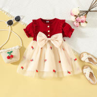 Vestido De Fiesta Para Bebé Niña Verano Con Bordado De Piña Y Lazo En Malla Con Mangas Burbuja Estilo Coreano Vestido De Cotton Y Poliéster - details 1