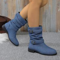 Botas De Tacón Bajo Para Mujer 2024 Moda Denim Con Hebilla Decorativa Botines De Media Calf Winter Roman round Toe Workwear Fiesta - details 6