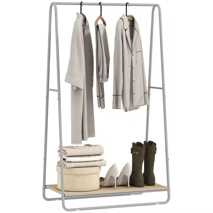 HOMCOM Perchero Zapatero 3 en 1, Perchero Recibidor con Estante para Zapatos, Barras Superior y Laterales, Estructura de Metal para Entrada, Dormitorio, Sala de Estar, Natural y Gris - 1