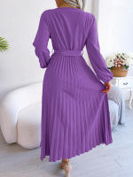 Vestido Largo Elegante Para Mujer Con Cuello En V Manga Larga Pleated Maxi Con Cinturón Estilo Casual De Pierna Larga - details 44