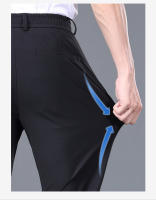 Pantalones Casuales Para Hombre Verano Delgados Elásticos Cintura Media Negro Gris Azul Estilo Clásico Coreano Formal Con Bolsillos - details 3