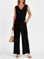 Traje De Mujer Elegante Y Moderno De Color Sólido Con Cuello En V Y Pierna Ancha Sin Mangas Traje De Verano Para Mujer - details 11