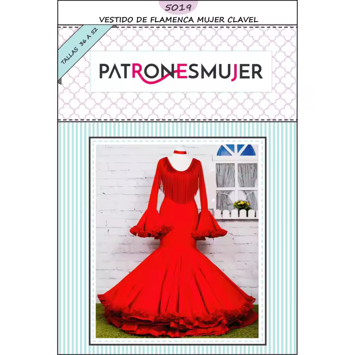 PATRONESMUJER-Patrón de costura vestido flamenca Clavel para hacerlo tú misma. Tutorial en vídeo para ayudarte a realizarlo. Talla 36 a la 52. Patrón multitalla en papel. - 1