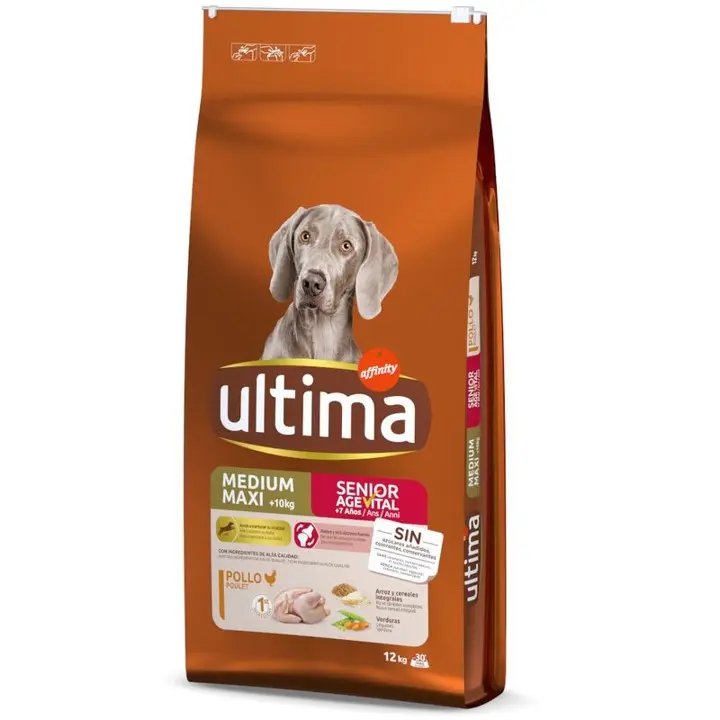 Ultima Medium-Maxi Senior con Pollo, Verduras, Arroz y Cereales Integrales. Comida Seca para Perros, Huesos y Articulaciones Fuertes. Pack de 7,5Kg y 12 Kg. - 1