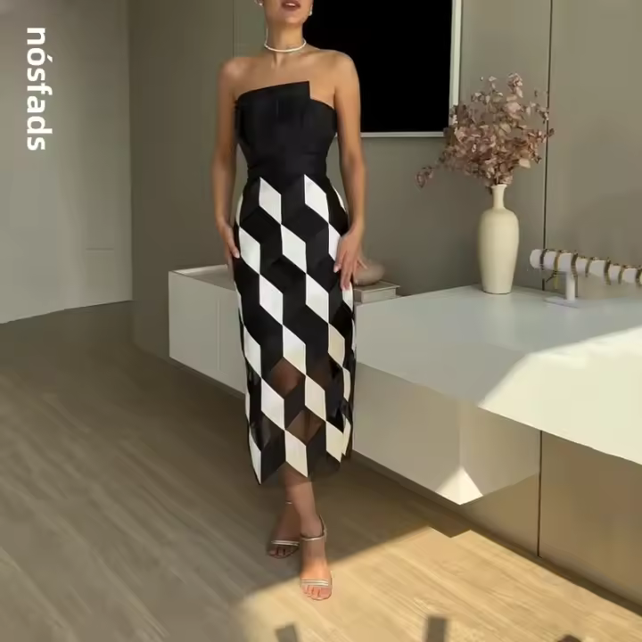 Vestido Midi Sin Mangas Para Mujer De Moda Con Cintura Ajustada Y Estampado Multicolor Vestido De Noche Para Fiesta Streetwear - 1