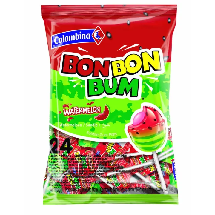 Colombina Chupachups Bon Bon Bum Caramelo con Chicle y Palo Bolsa 24 Unidades Sabores Fresa Maracuyá Surtido Mango Sandía - 1