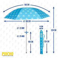 Sombrilla Playa 180 cm, Proteccion UV50+, Sistema, tubo acero 22/25 mm, Varillas Acero 3mm, Inclinable, Plegable, incluye Bolsa Transporte, ideal Playa Jardin Camping - details 0