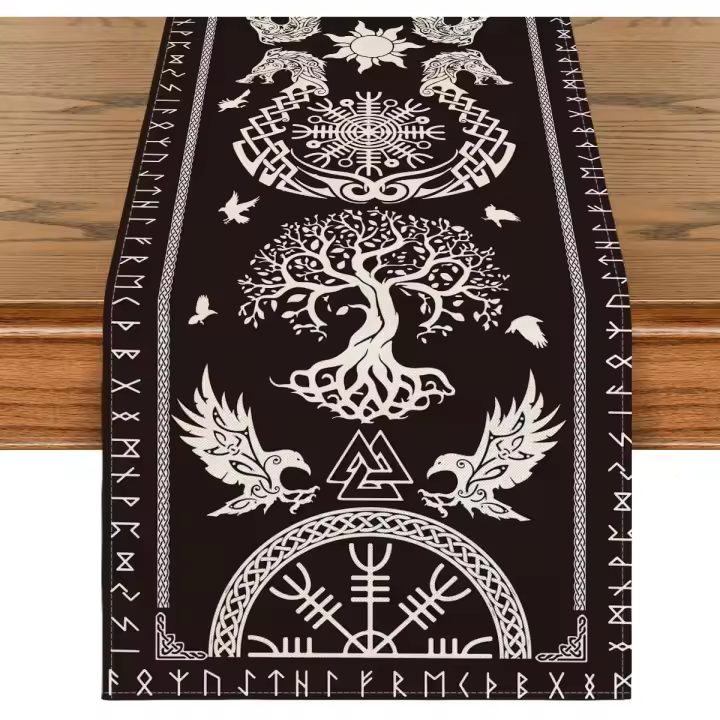Camino de mesa con diseño de árbol de la vida vikingo negro, casco de cuervo y asombro, decoración de mesa de comedor de cocina de temporada para decoración de fiestas en el hogar, 33 x 183 cm - 1