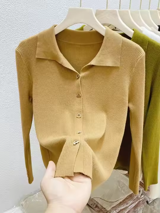 AOSSVIAO Chaqueta De Punto Para Mujer Estilo Oficina Lady Cierre Único Abrigo De Otoño Invierno 2025 Suéter Tejido Corto De Color Sólido Ajustado - 1