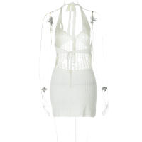 Vestido Mini De Encaje Sin Mangas Con Cuello Halter Para Mujer Hugcitar 2024 Transparente Corte Sexy A-Line Casual Para Playa Vacaciones Club - details 3