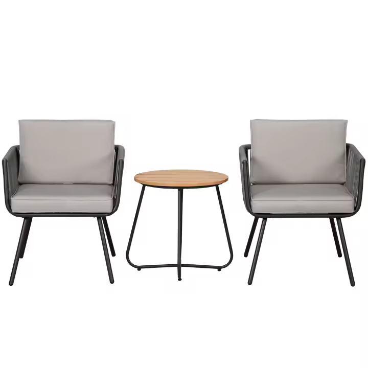 Outsunny Conjunto de Muebles de Jardín de Ratán Sintético 3 Piezas Conjunto de Mesa y 2 Sillas de Ratán con Cojines Acolchados Extraíbles para Balcón Terraza Patio Gris - 1