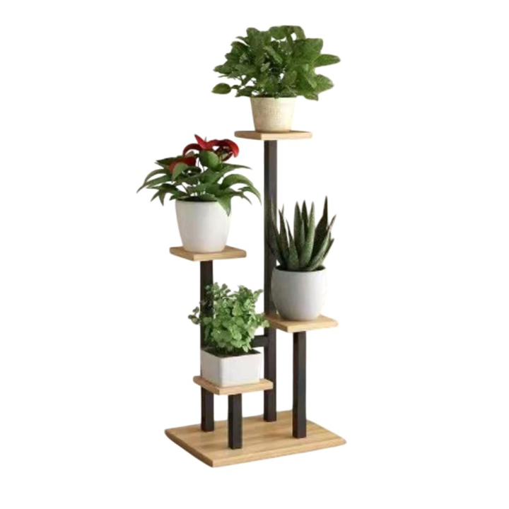 Estantes de Metal + MADERA para plantas, soporte para macetas, Soporte múltiple para macetas, organizador de exhibición para interiores y exteriores, estante para macetas, jardín y balcón 4 Platos