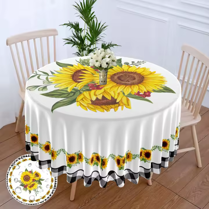 Mantel Redondo De Poliéster Impermeable Con Borde De Cuadrícula Y Pintura De Girasol 63 Pulgadas Estilo Bohemio Para Mesa De Comedor - 1