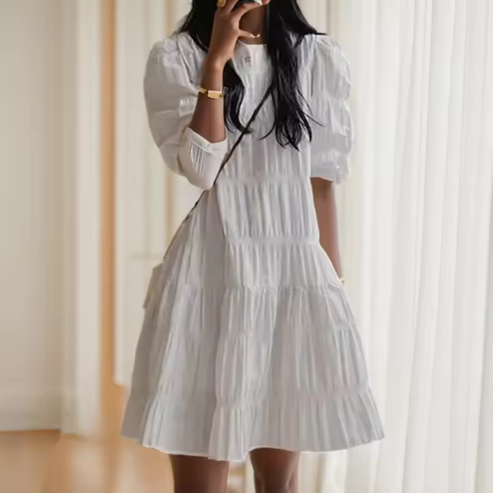 Vestido Blanco De Verano Con Manga Corta Vestido Casual Suelto Plisado Para Mujer Vestido Francés Moda Fiesta Vestido Largo Hasta La Rodilla - 1