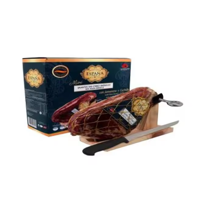 Delicioso Mini Jamón Ibérico de 1kg + Jamonero y Cuchillo Especial 18cm - Para los amantes del jamón - - 1