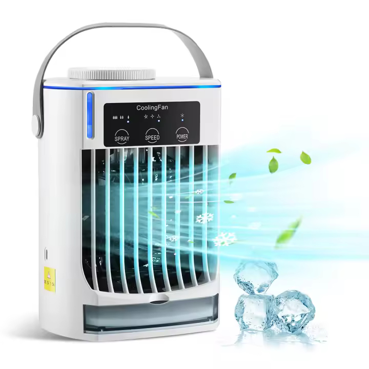 Aire acondicionado de escritorio, pequeño aire acondicionado con tanque de agua de 500 ml, ventilador de enfriamiento recargable por USB, 3 velocidades de viento, compacto y versátil, adecuado para el hogar, camping, automóvil. - 1