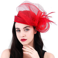 Sombrero De Fiesta Elegante En Rojo Sinamay Para Mujer Con Pluma Y Velo Para Boda Iglesia Cóctel Té Sombrero Derby Formal - details 0