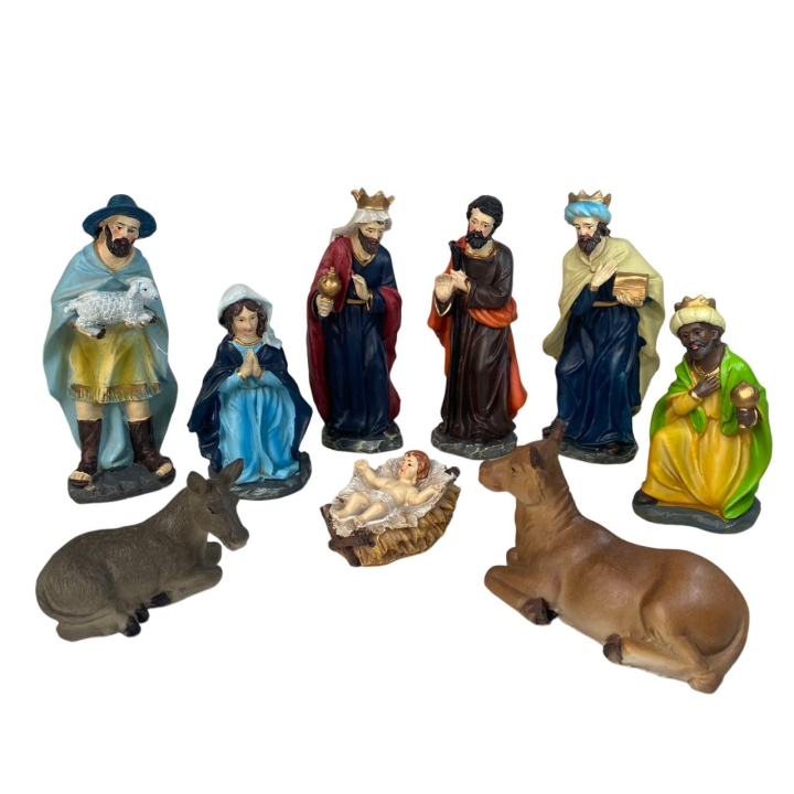 Nacimiento Resina 9 Piezas, Jesus, Maria, Jose, Reyes magos, Buey y Burro Figuras Belen Pesebre Decoración Navidad - Gerimport