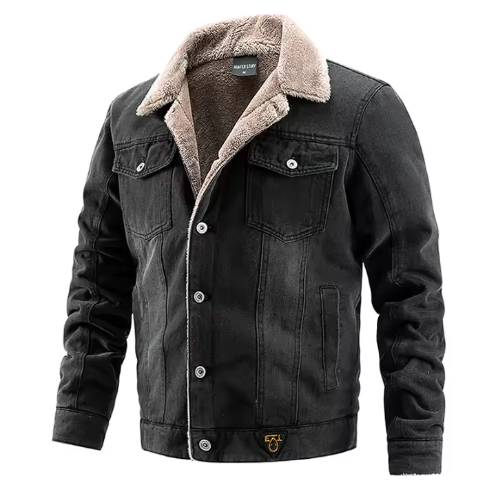 Chaqueta De Denim Para Hombre Con Forro De Poliéster Estilo Motociclista Slim Fit Casual Negro Azul Otoño Invierno - 1