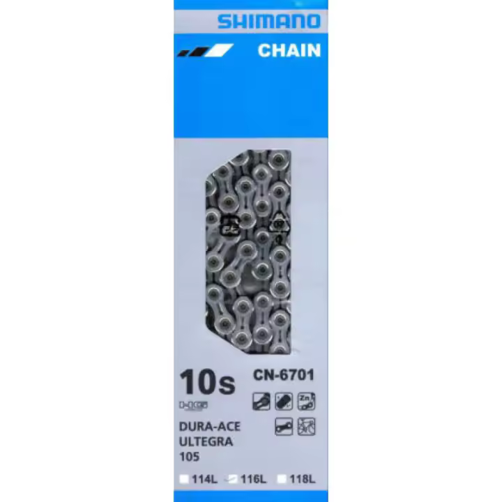 SHIMANO | Cadena ULTEGRA 6701 10v 116 Eslabones - Cadena Shimano ULTEGRA, modelo CN6701 de 10 velocidades.

Placa perforada para un peso más ligero
Construcción de presión mejorada para un cambio - 1