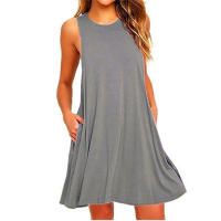 Vestido De Mujer Verano Casual Camiseta Playa Cubierta Plain Pleated Tank Con Bolsillos Vestido De Encaje A-Line De Cintura Alta - details 3