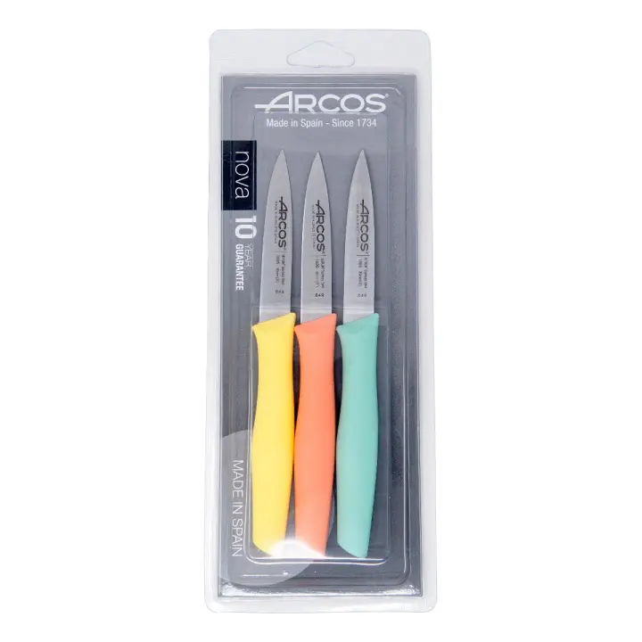 Arcos Set Cuchillos Mondadores. 3 Piezas Acero Inoxidable. Cuchillos Cocina Peladores Multicolor para Pelar Frutas y Verduras. Mango Ergonómico Polipropileno. Serie Nova. Naranja, Amarillo y Azul. - 1