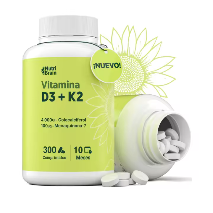 NUTRIBRAIN Vitamina D3 y K2 4000UI - 300 Comprimidos - 10 Meses | Con MK-7 100% All-Trans para Máxima Biodisponibilidad | Apoya Huesos, Sistema Inmune y Corazón | Marca Premium - 1