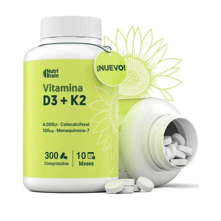 NUTRIBRAIN Vitamina D3 y K2 4000UI - 300 Comprimidos - 10 Meses | Con MK-7 100% All-Trans para Máxima Biodisponibilidad | Apoya Huesos, Sistema Inmune y Corazón | Marca Premium - 1