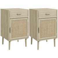 HOMCOM Juego de 2 Mesitas de Noche Mesillas de Noche Mesitas Auxiliares con Cajón de Ratán y Estante Ajustable para Dormitorio Salón 40x40x68,5 cm Roble - details 0