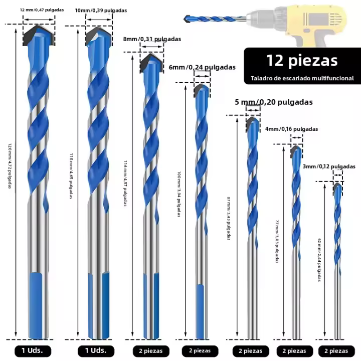 Juego De 12 Piezas De Brocas De Carburo Para Perforación Rápida Y Precisa En Concreto Azulejos Espejos Vidrio Cerámica Herramientas De Perforación 6-12mm - 1