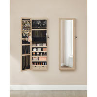 Espejo joyero de pared con luces led, armario organizador de joyas con cierre, espacio para pendientes y collares, disponible en blanco, negro, o roble - details 11