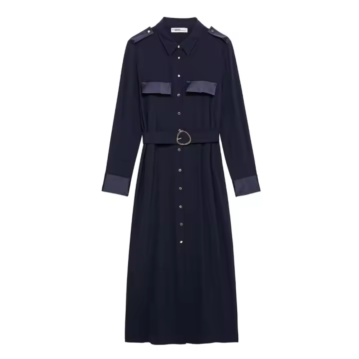 Vestido Midi De Estilo Camisa Para Mujer Con Cinturón Y Splicing Temperamento Traje De Trabajo Longitud Media Elegante Invierno 2024 - 1