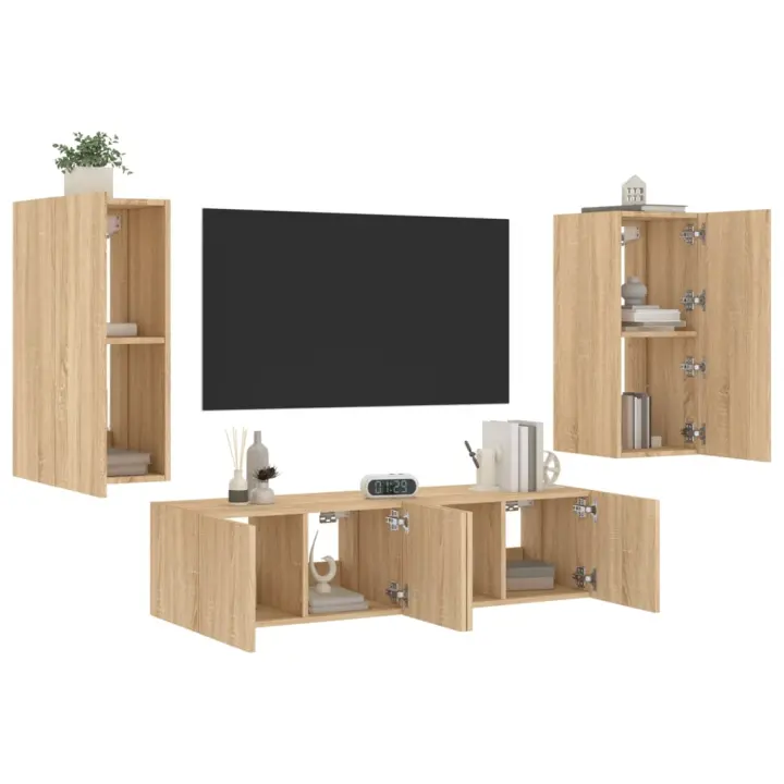vidaXL Muebles TV pared con LED 4 pzas madera ingeniería roble Sonoma - 1