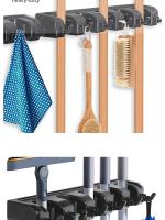 Soporte De Mopa Multifuncional 3/4/5 Posiciones Pared Montado Estante De Almacenamiento Para Cocina Y Hogar Con Gancho Para Escoba Negro De Plástico Mágico - details 7