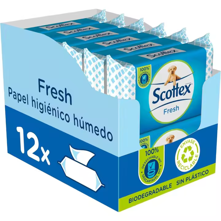 Scottex Papel Higiénico Húmedo Fresh con Agua Micelar y Vitamina E, Biodegradable y Sin Plástico, Caja 12 packs de 74 servicios Toallitas Húmedas Desechables por WC - 1