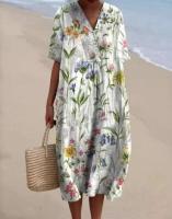 Vestido Midi De Algodón Y Lino Sólido Para Mujer Estilo Casual Verano Manga Corta Cuello En V Vestido De Playa Vacaciones - details 9