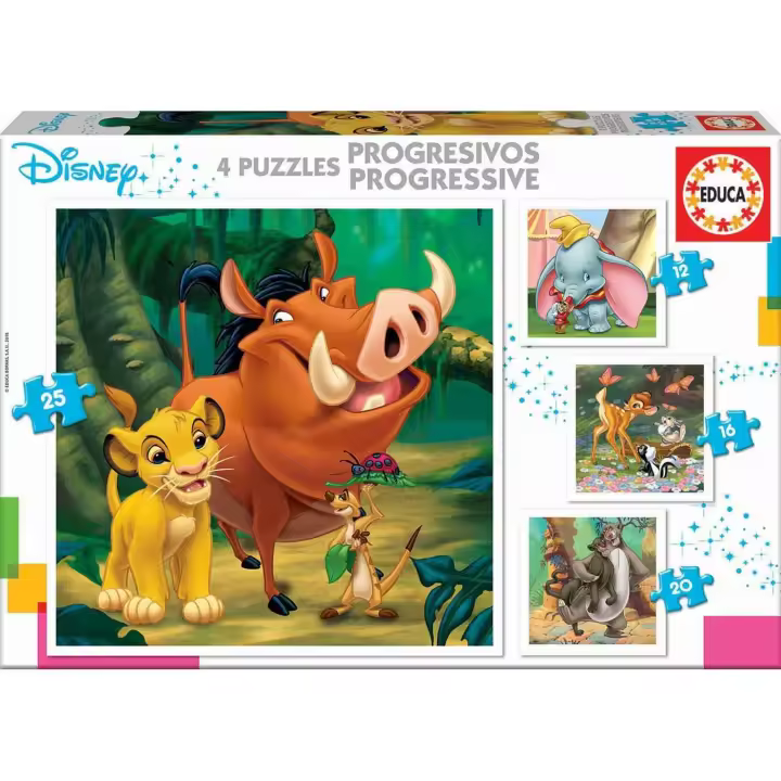 Educa - Disney Animals Dumbo, Bambi, Lion King, el Libro de la Selva Conjunto de Puzzles Progresivos Educa 18104 - 1