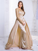 Vestido De Noche Largo De Mano En Satén Con Parches De Lentejuelas A-Line Hollow out Para Baile De Promoción Vestido Maxi De Faldas De Suelo - details 4