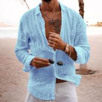 Camisa De Verano Para Hombre Casual Ligera De Color Sólido Suéter De Algodón Y Lino Abierta Individual Manga Larga Estilo Playa Vacaciones - details 7