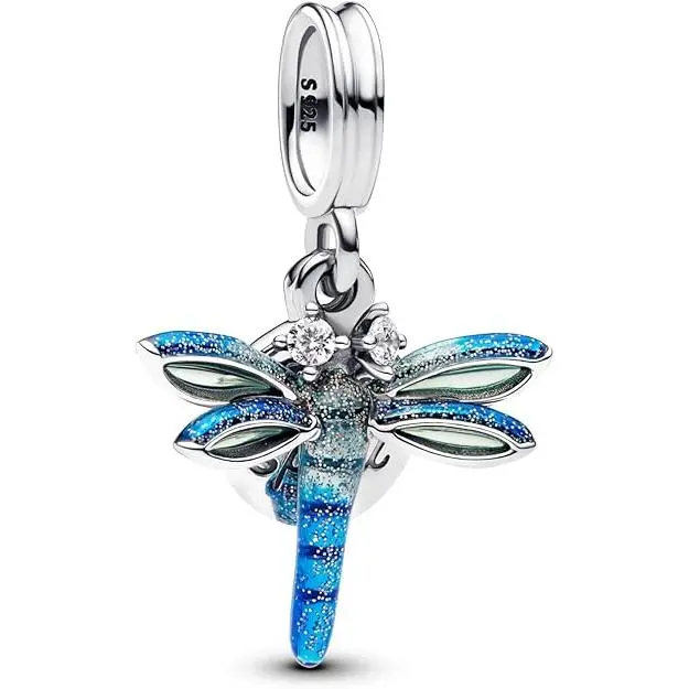 PANDORA Moments - Colgante doble de libélula de plata de ley con circonitas, compatible con pulseras Moments y ME, Plata de ley, Circonita cúbica，Incluye Caja Original - 1
